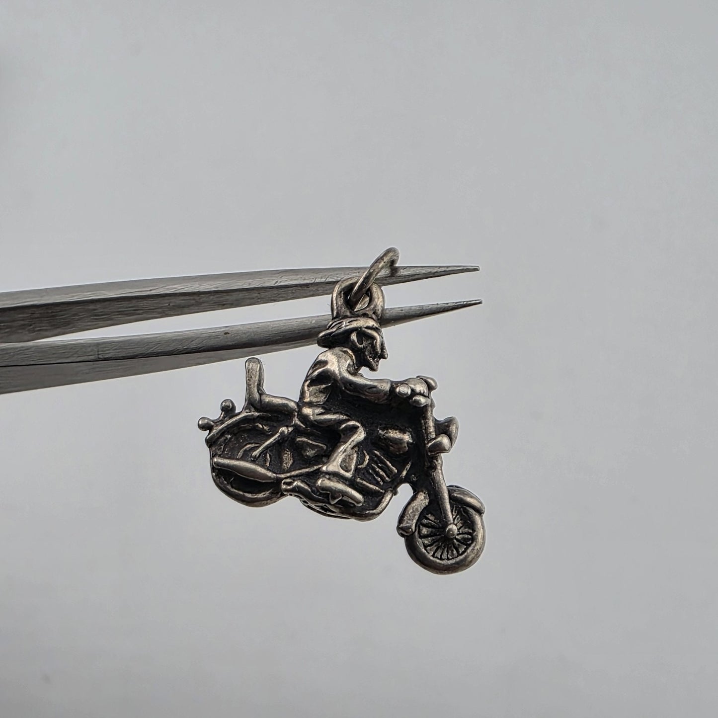 Vintage motorcycle charm pendant in sterling silver biker rider jewelry piece from 305gems.com