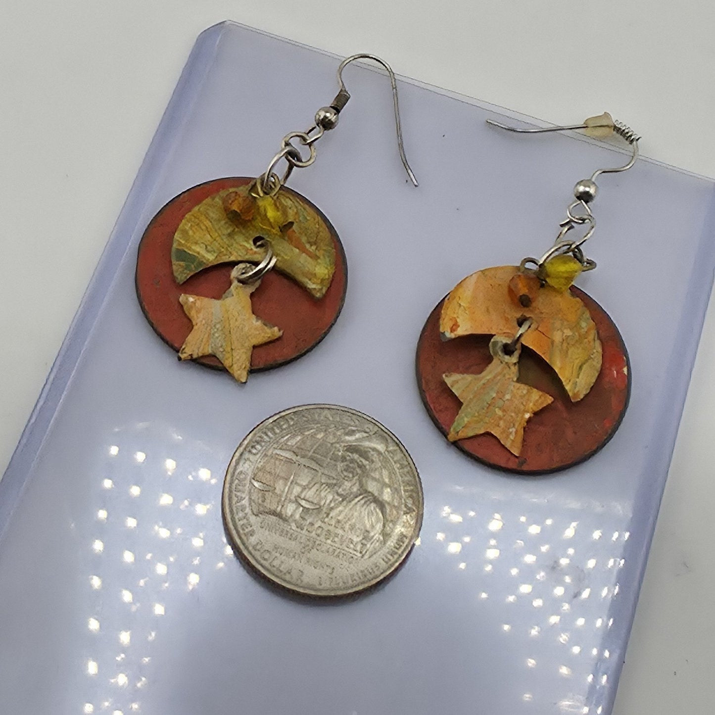 Vintage Handmade Boho Dangle Earrings Star Moon Mixed Media Rustic Art Jewelry