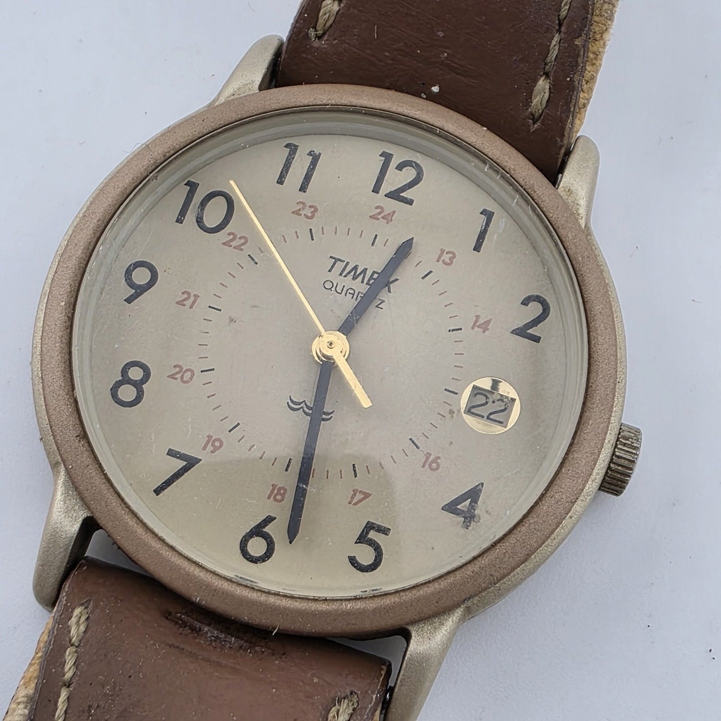 Timex Quartz Watch Beige Dial Date Brown Canvas Leather Strap Working