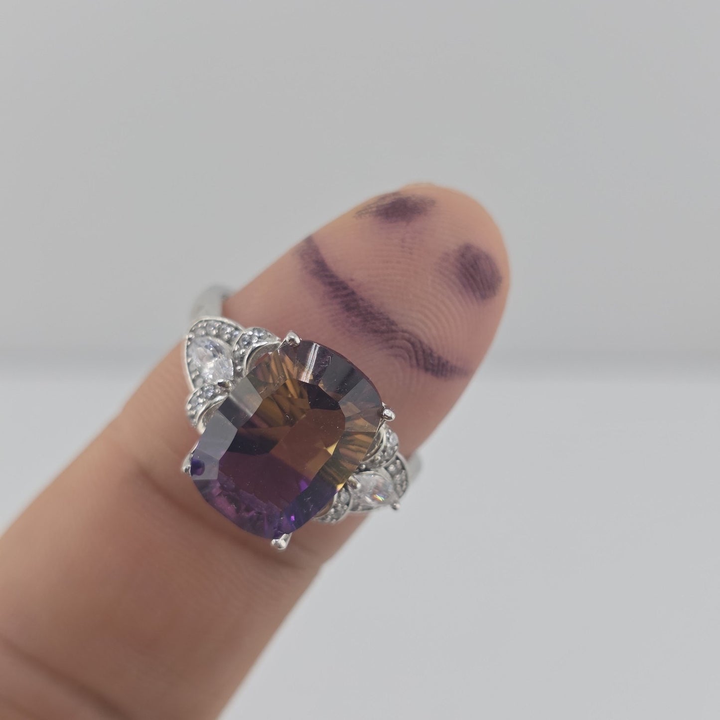 Sterling Silver 925 Ametrine Ring Size 9.25 Cushion Cut Purple Yellow Stone