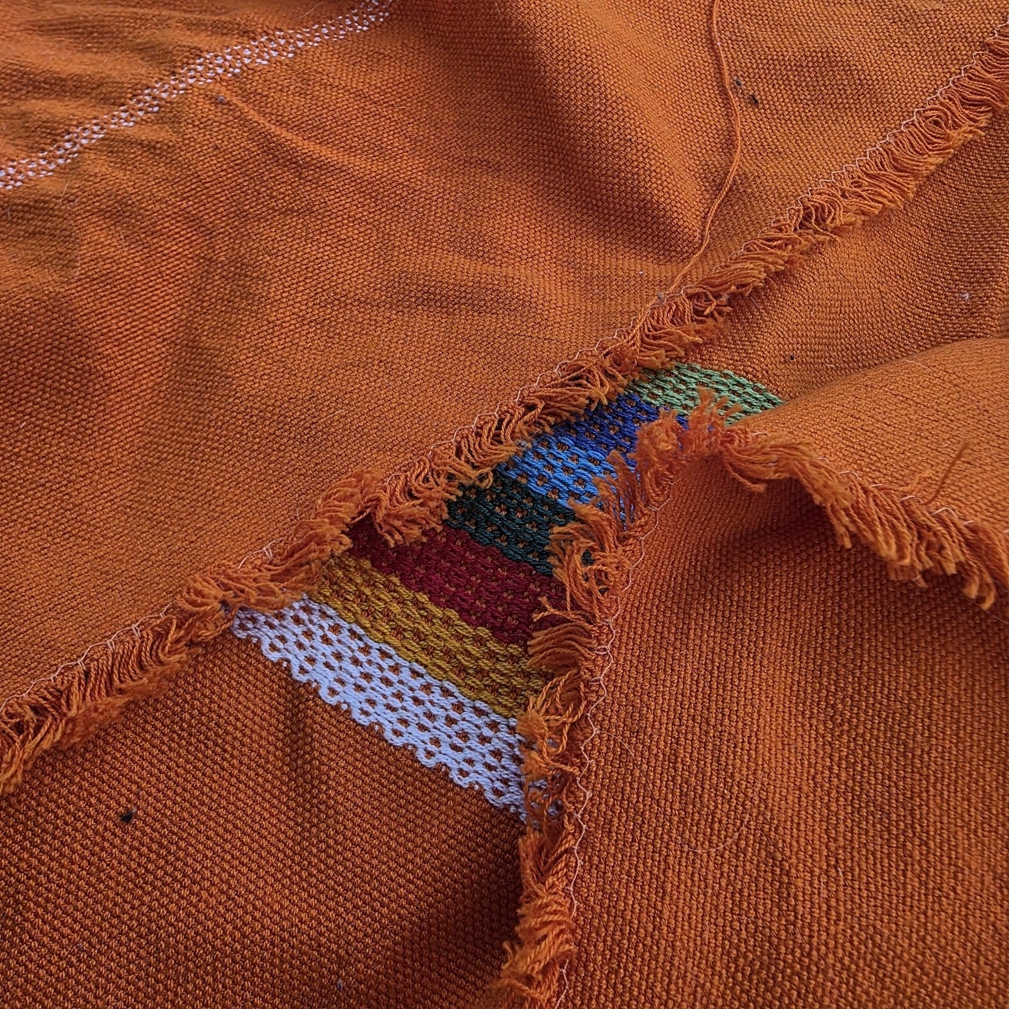 Vintage Mexican Handwoven Orange Blanket Bird Embroidery Serape Textile Throw