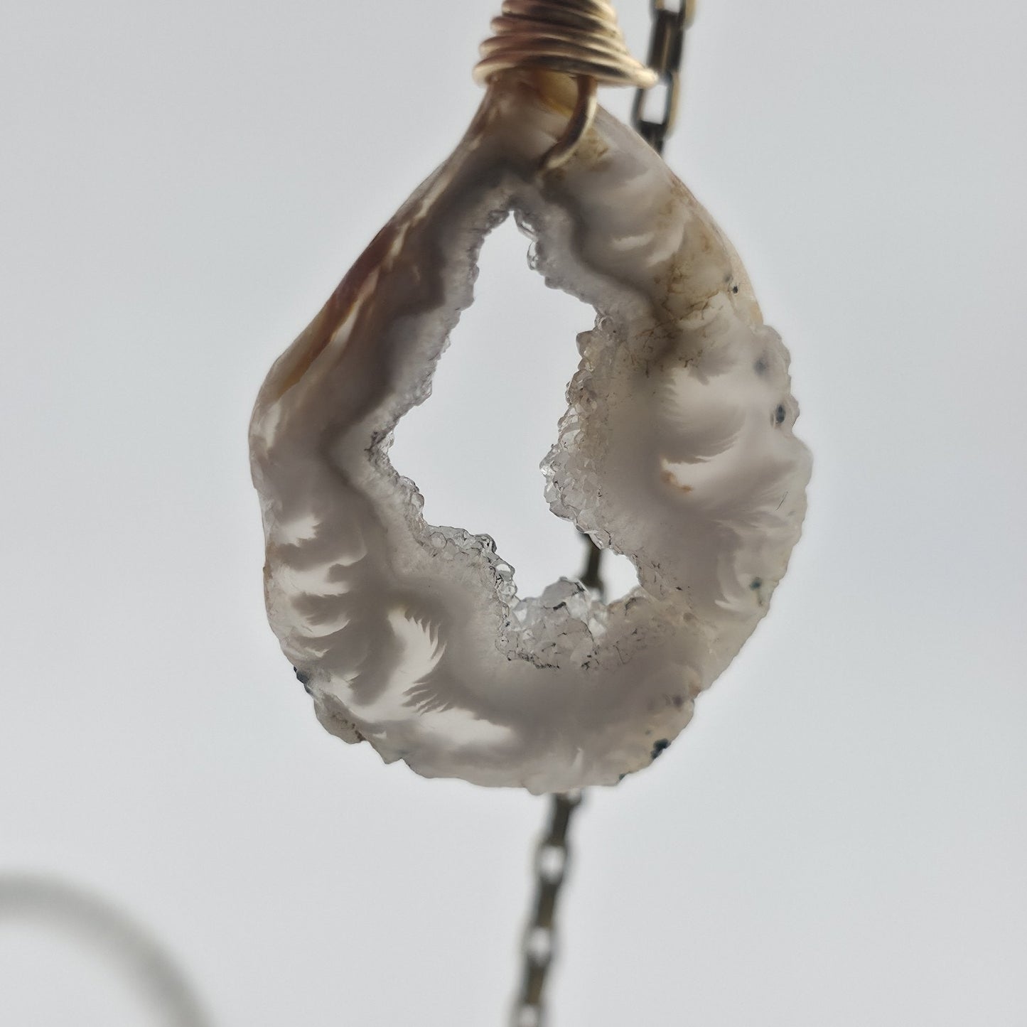 Vintage Druzy Agate Geode Pendant Necklace Brass Spike Layered Boho Jewelry