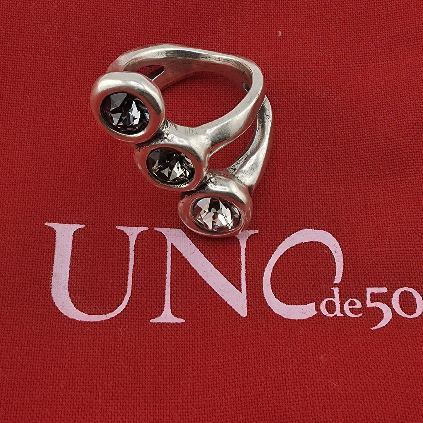UNOde50 Sterling Silver Triple Crystal Ring Size 6.25 handmade Spain Alterego