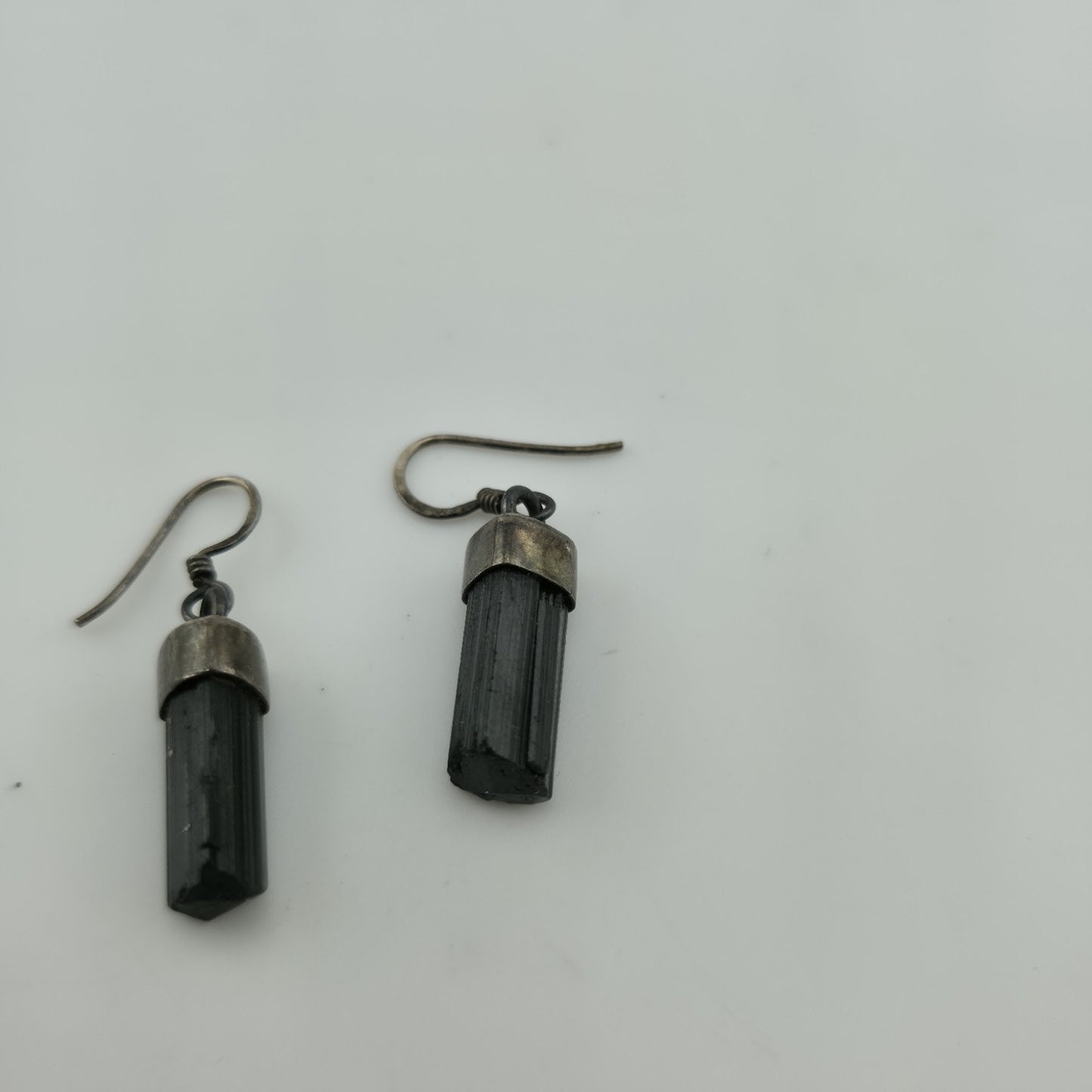 Vintage Sterling Silver Black Tourmaline Drop Earrings Raw Crystal Dangle