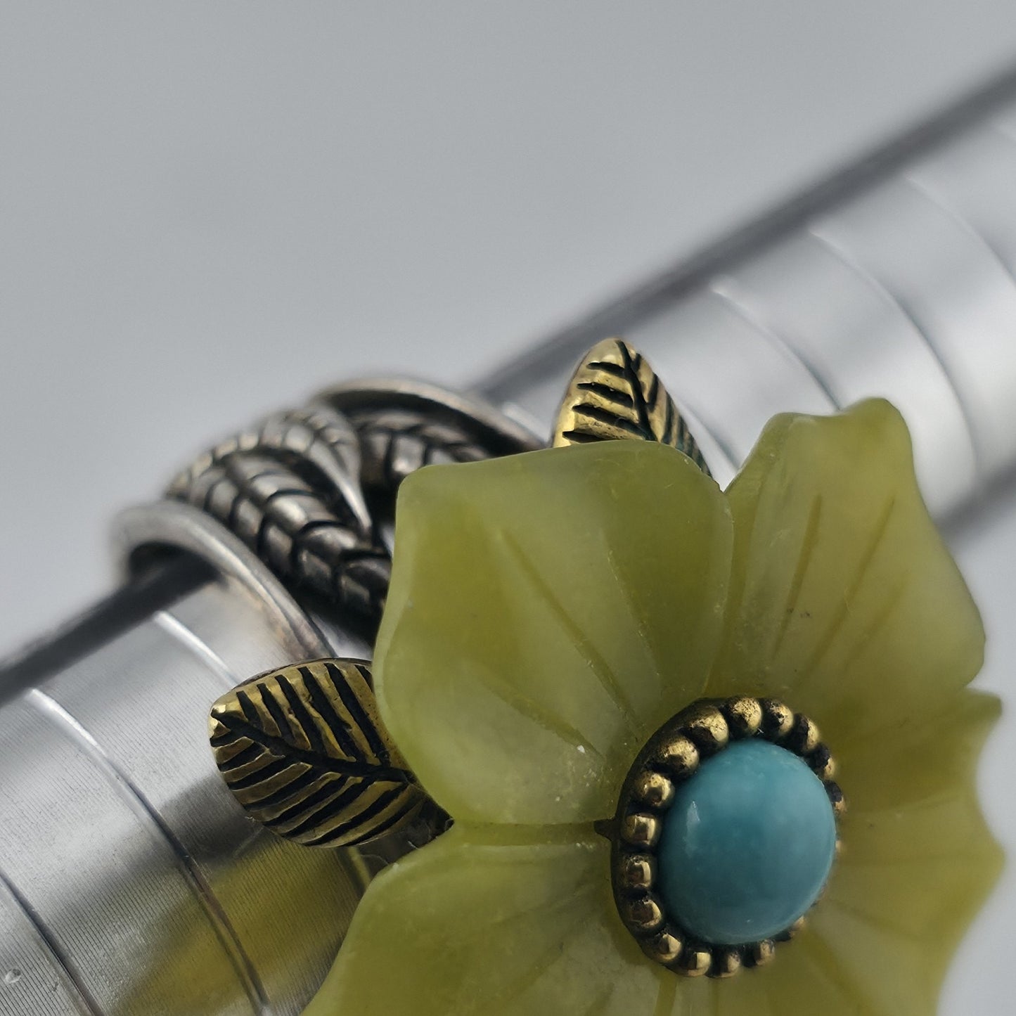 Sterling Silver Bronze Flower Ring Size 7 Yellow Floral Turquoise Cabochon 925