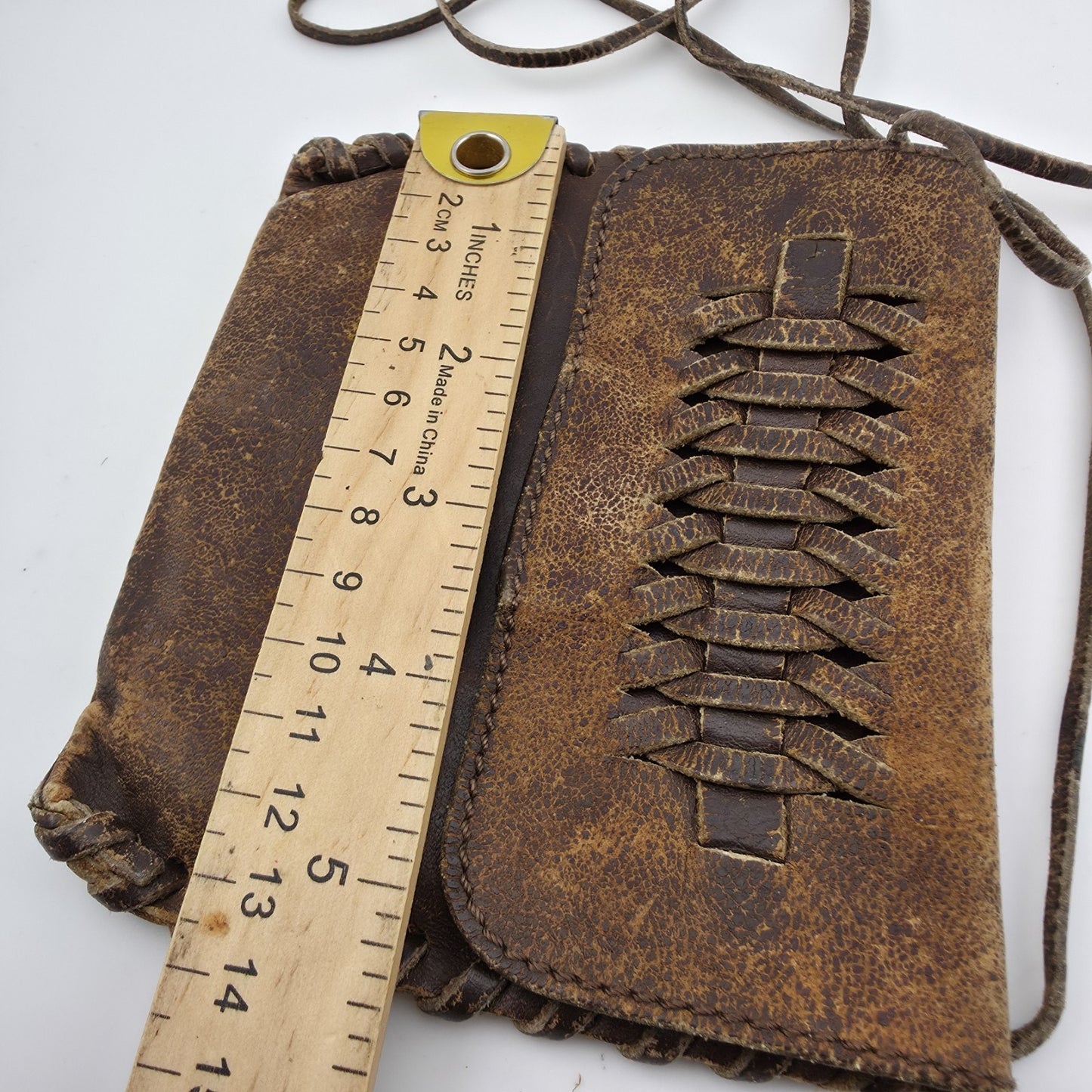 Purse Tiny Crossbody Sandalwood Cowhide Leather made in Brazil Vintage Worn 5x5