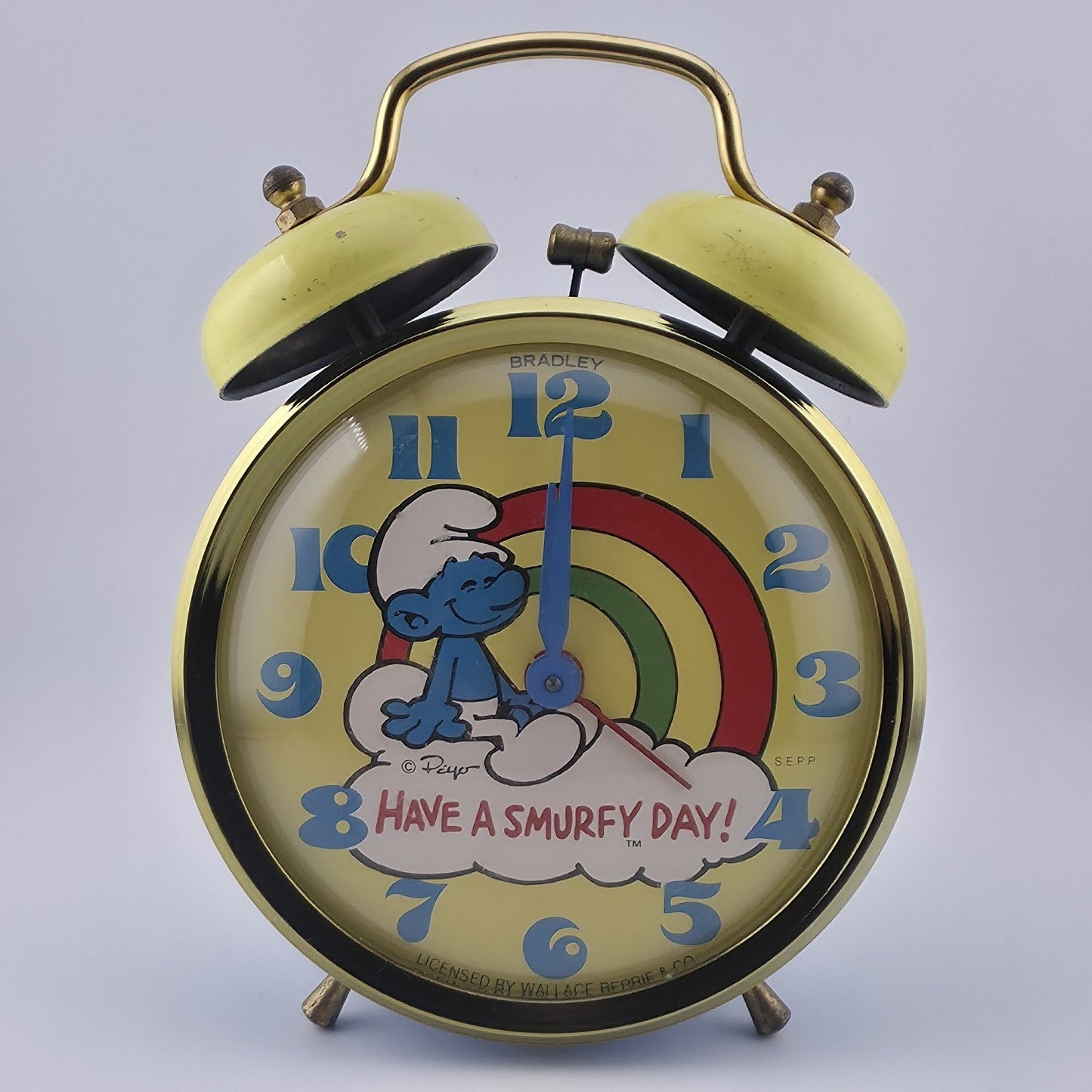 Smurf Double Bell Alarm Clock Bradley Time Blue Yellow Tested Runs Vintage