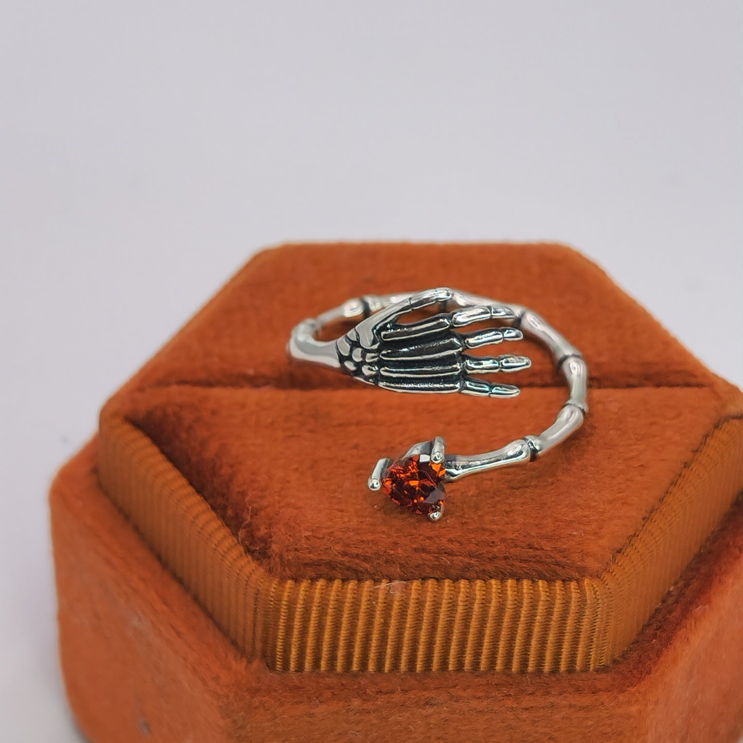 Gothic Skeleton Hand Ring Red Heart CZ 925 Sterling Silver Love Witch Adjustable