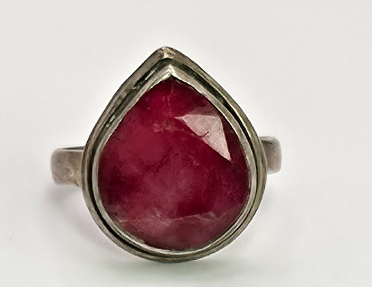 925 Sterling Silver Teardrop Ruby Ring Adjustable Band Boho Red Faceted Artisan