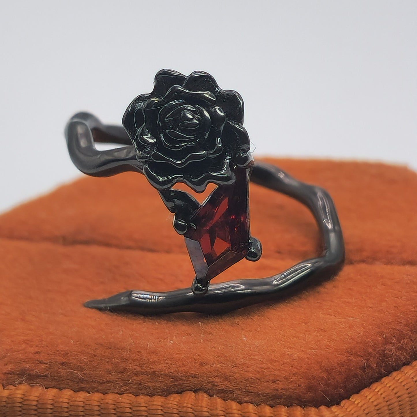 925 Sterling Silver Gothic Ring Black Rose Blood Red Zircon Emo Witch Adjustable