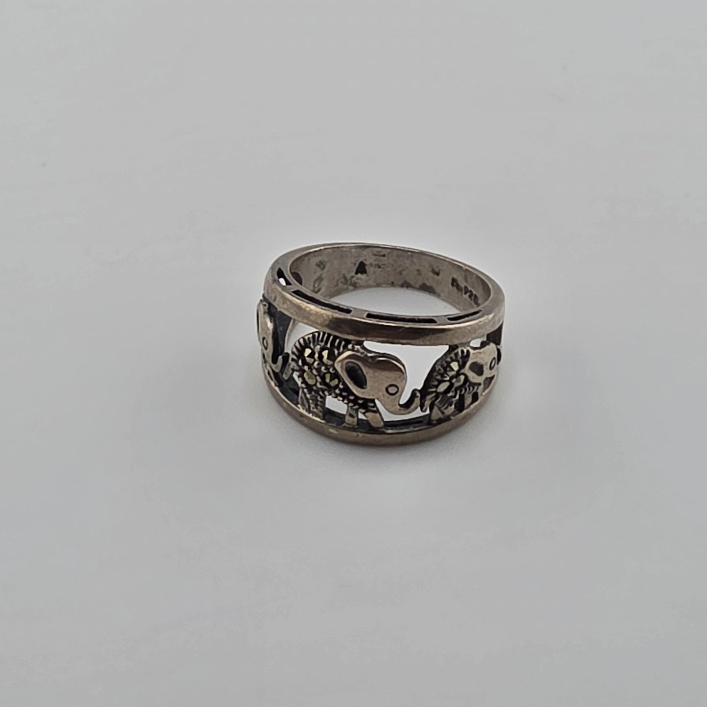 Sterling Silver Ring Elephant Parade Marcasite Openwork Size 8 Lucky 925