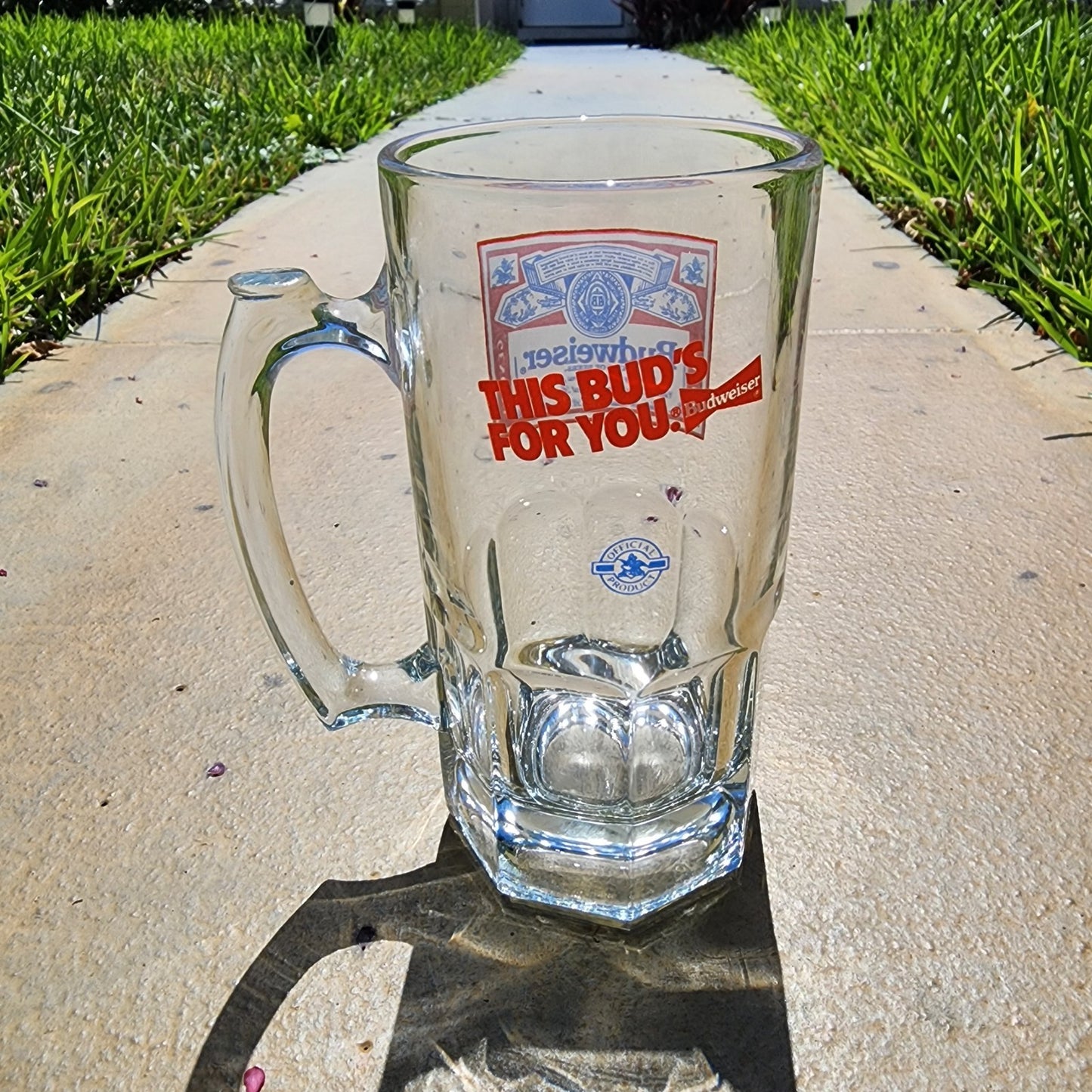 Budweiser “This Bud’s For You” Heavy Glass Beer Mug – Vintage 8" Tall