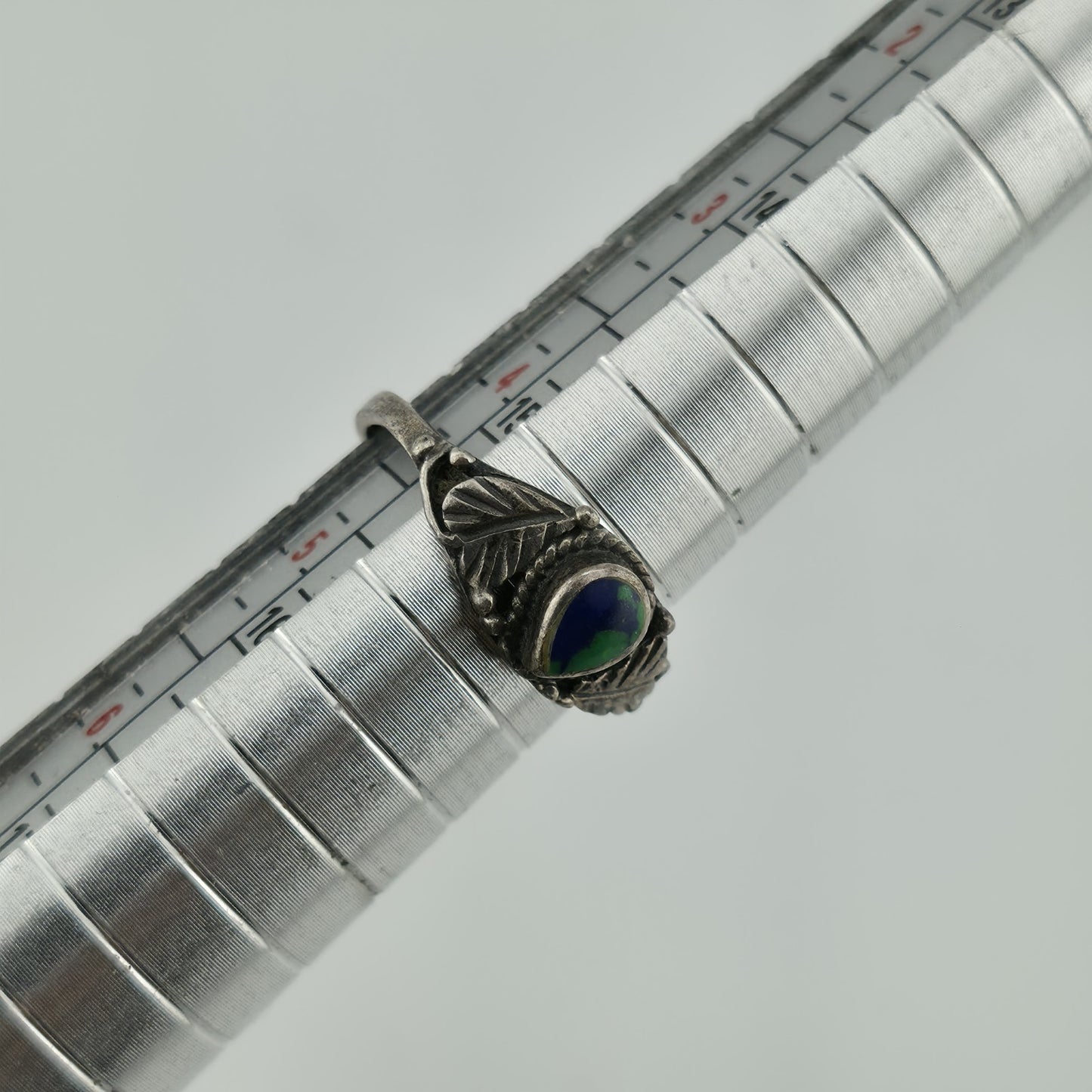 925 Sterling Silver Ring floral green Blue stone Teardrop Size 4.5