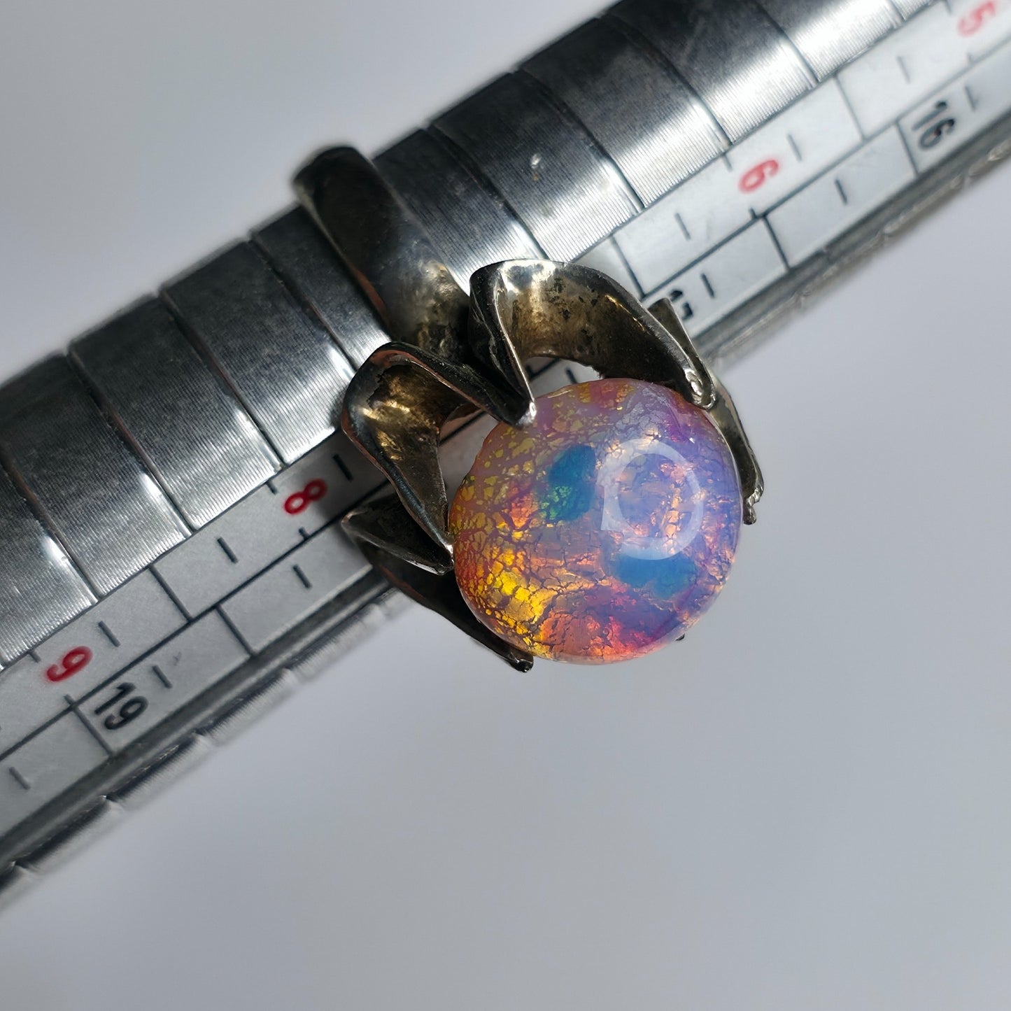 Mexican Fire Opal 925 Sterling Silver Belcher Ring Sz 7.25 Vintage Boho Jewelry