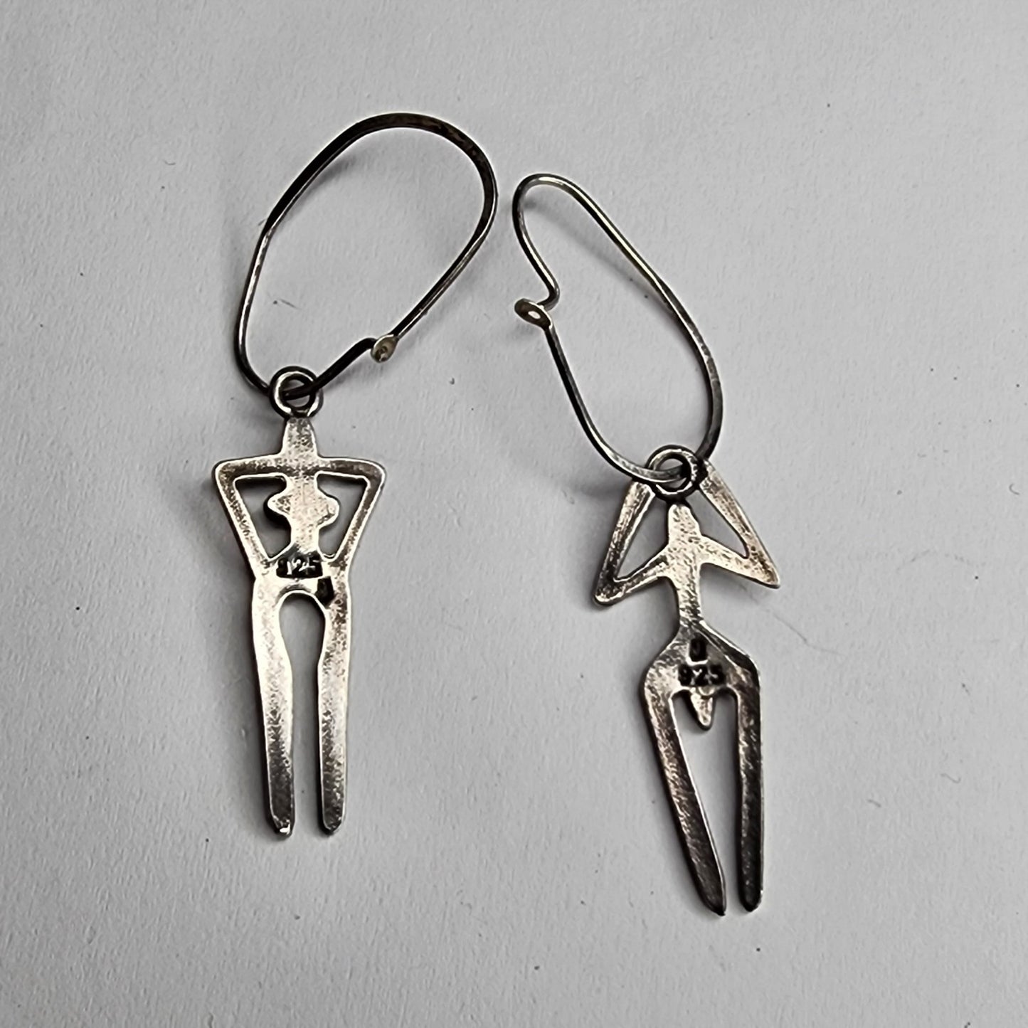 925 Sterling Silver Earrings Abstract Human Figure Unique Artisan Dangle Vintage