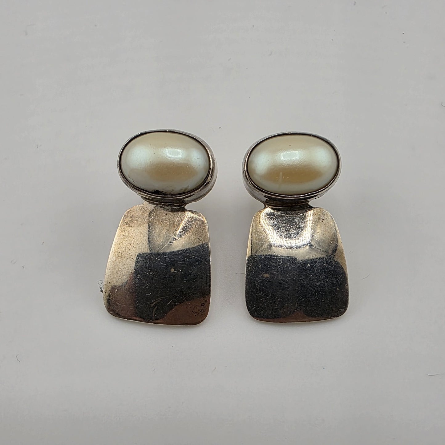 STERLING SILVER EARRINGS FAUX PEARLS Abstract Native Heavy - 1 1/8"