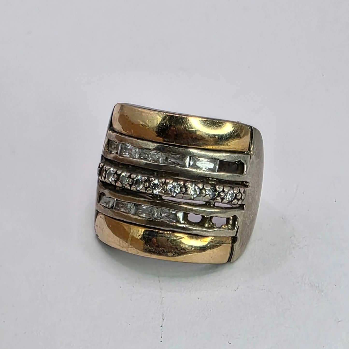 925 Sterling Silver 14K Gold Ring FG Missing Stones Bold Art Deco size 8.5