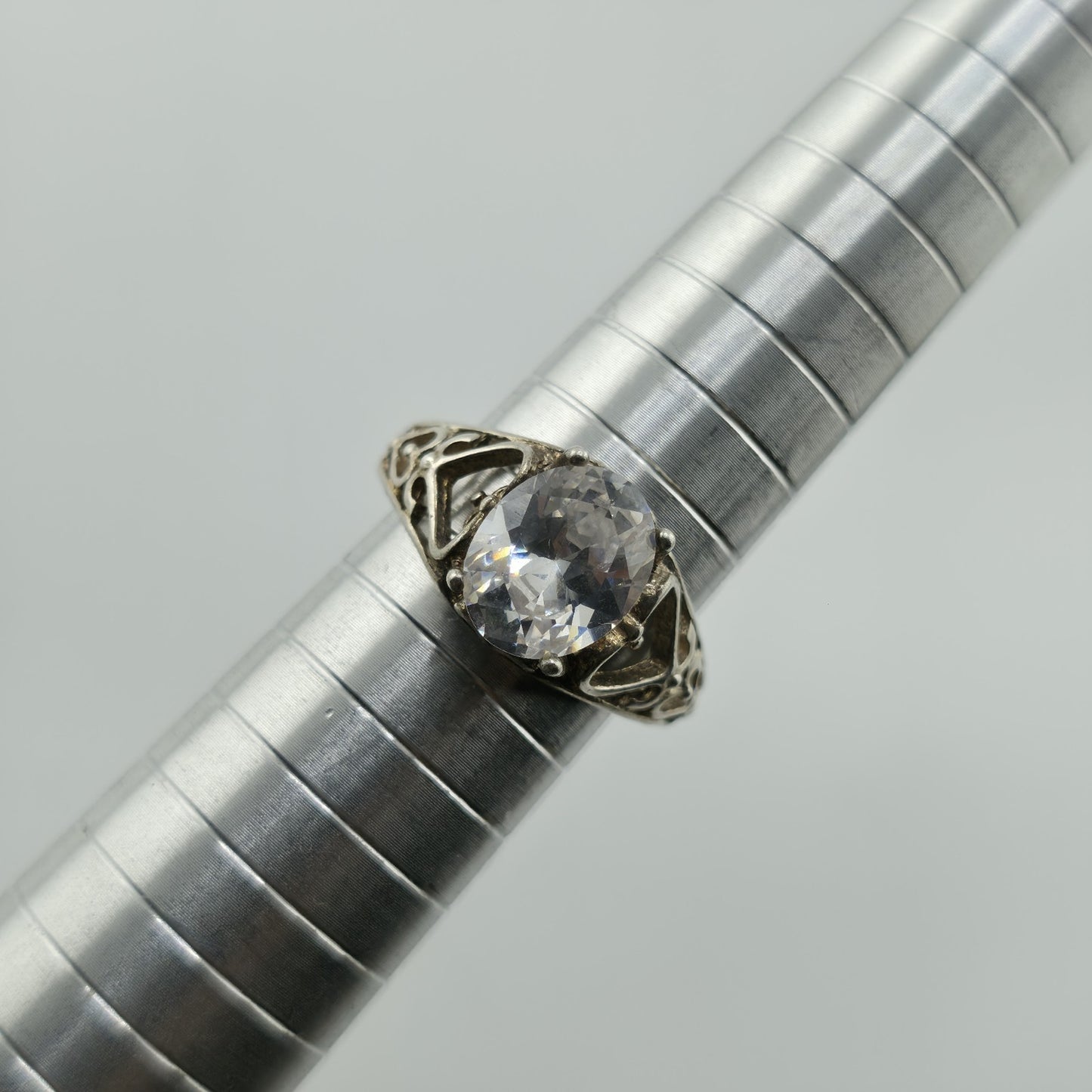 Sterling Silver 925 Large Clear Stone Ring Filigree Heart Vintage Size 7.5