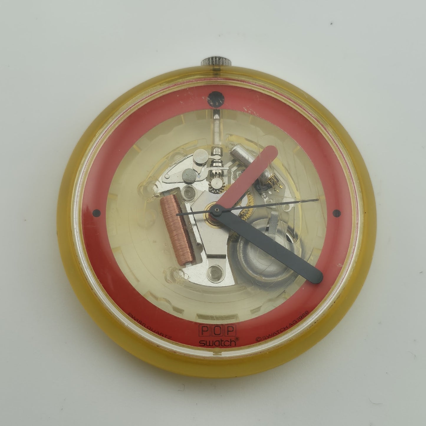Vintage Swatch Pop Watch 1988 Red Band Skeleton Transparent Dial Rare New Batter