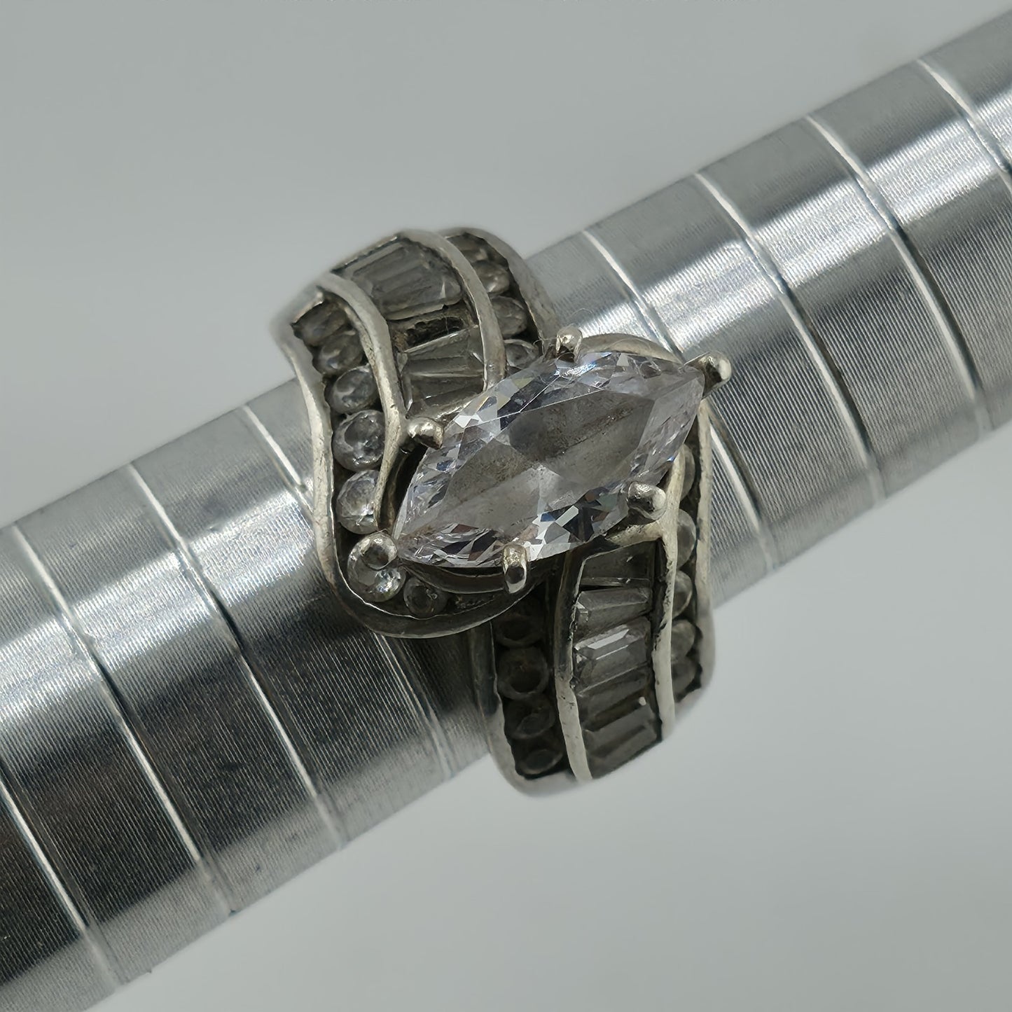 Sterling Silver Ring Marquise Clear Stone Baguette Design Size 6.75 Vintage 925