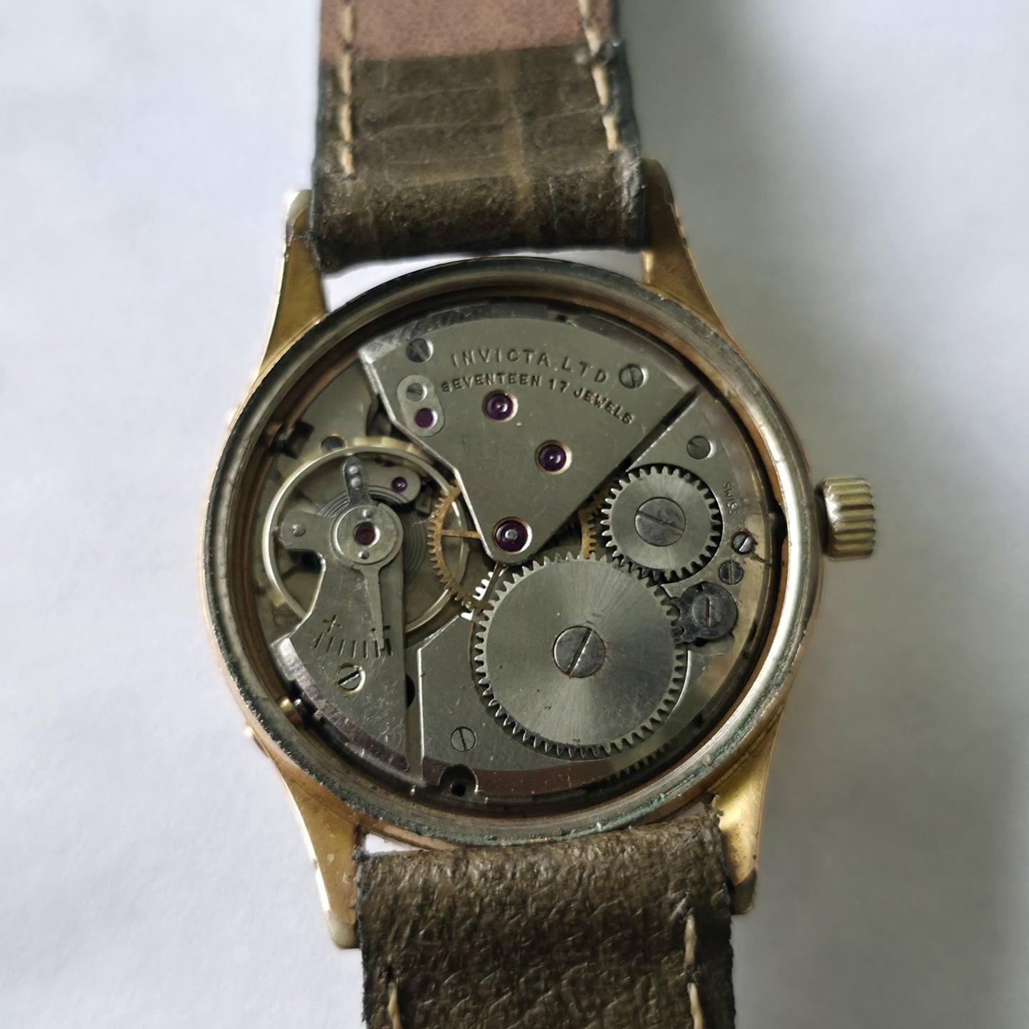 Invicta Triple Calendar Watch 1950s Vintage Champagne Dial Rare Manual Wind Work