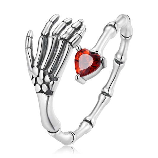 Gothic Skeleton Hand Ring Red Heart CZ 925 Sterling Silver Love Witch Adjustable