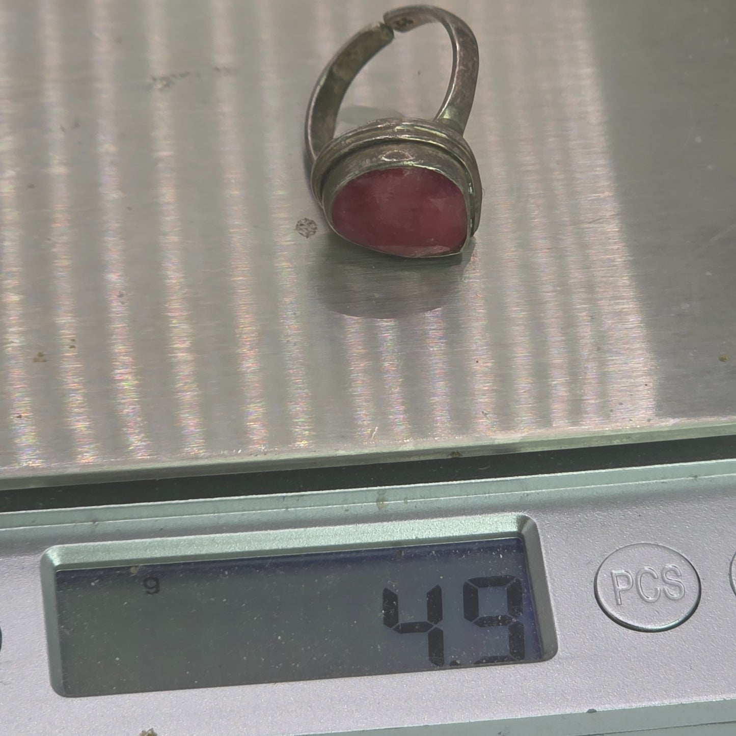 925 Sterling Silver Teardrop Ruby Ring Adjustable Band Boho Red Faceted Artisan