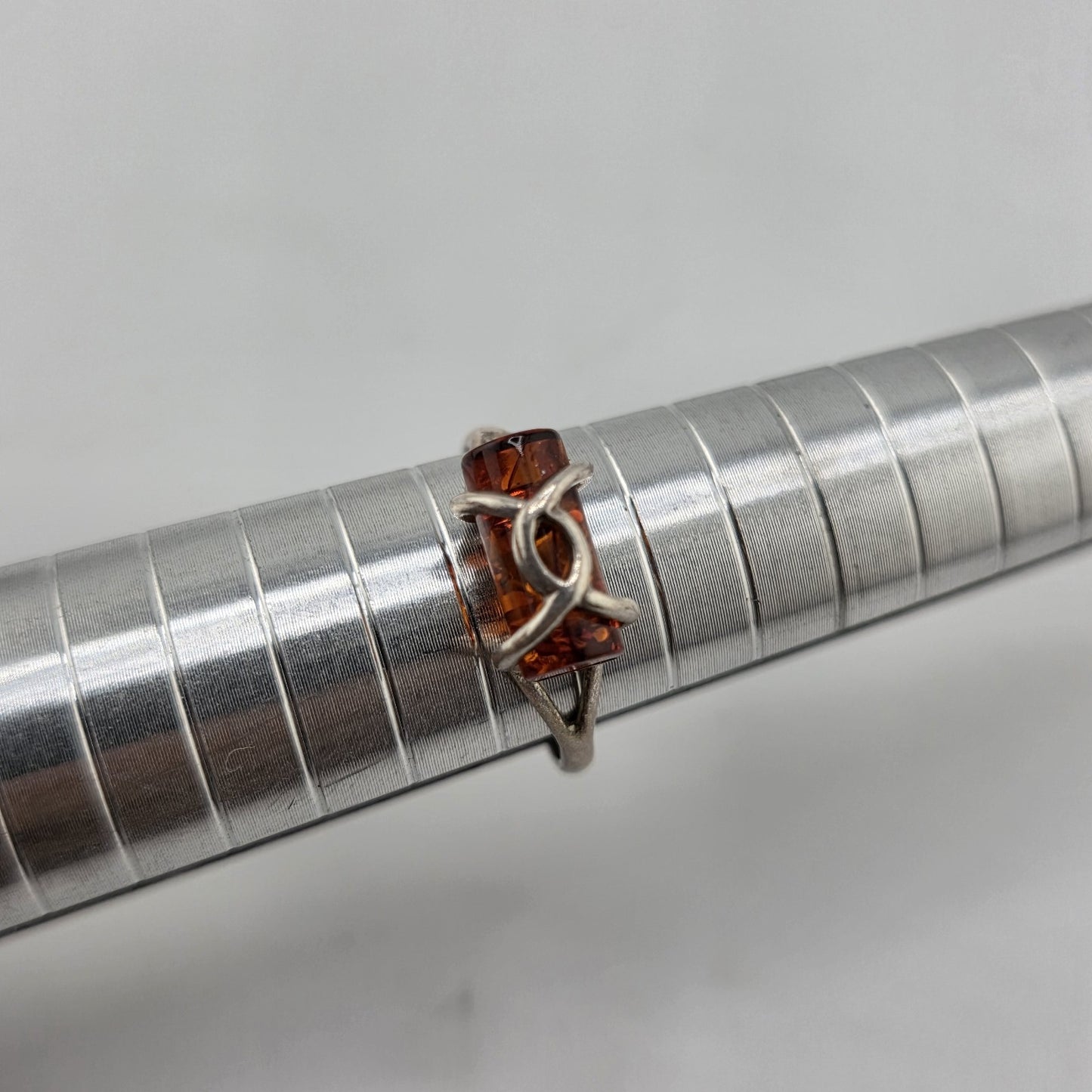 Baltic Amber Sterling Silver Ring Cylindric Stone Geometrical Modernist 6.5