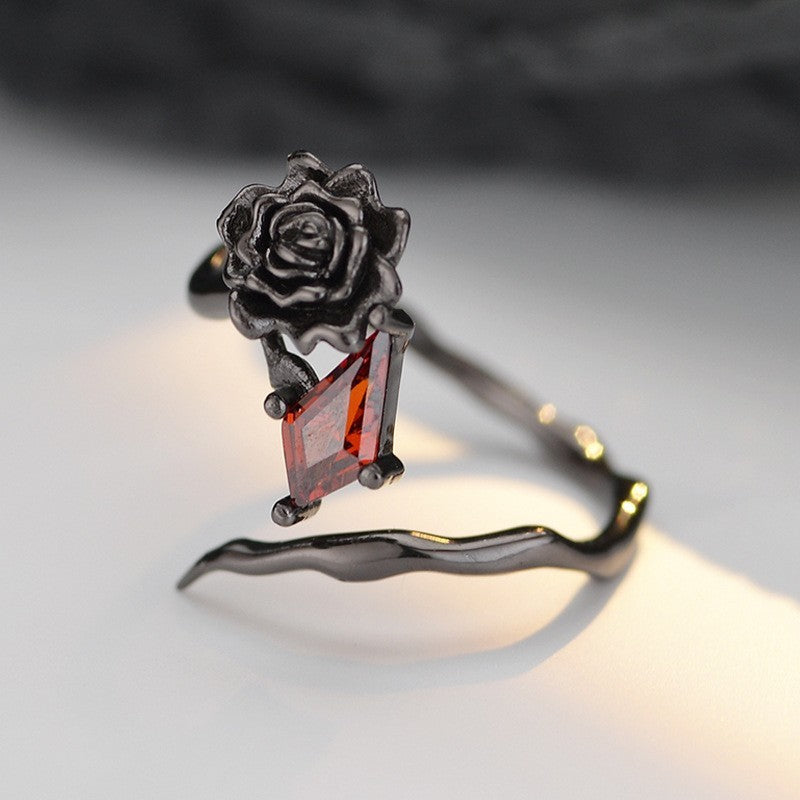 925 Sterling Silver Gothic Ring Black Rose Blood Red Zircon Emo Witch Adjustable