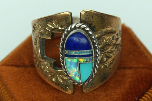 Larry Pacheco Vintage Ring  7 Sterling Silver Copper Lapis Opal Inlay Southwest