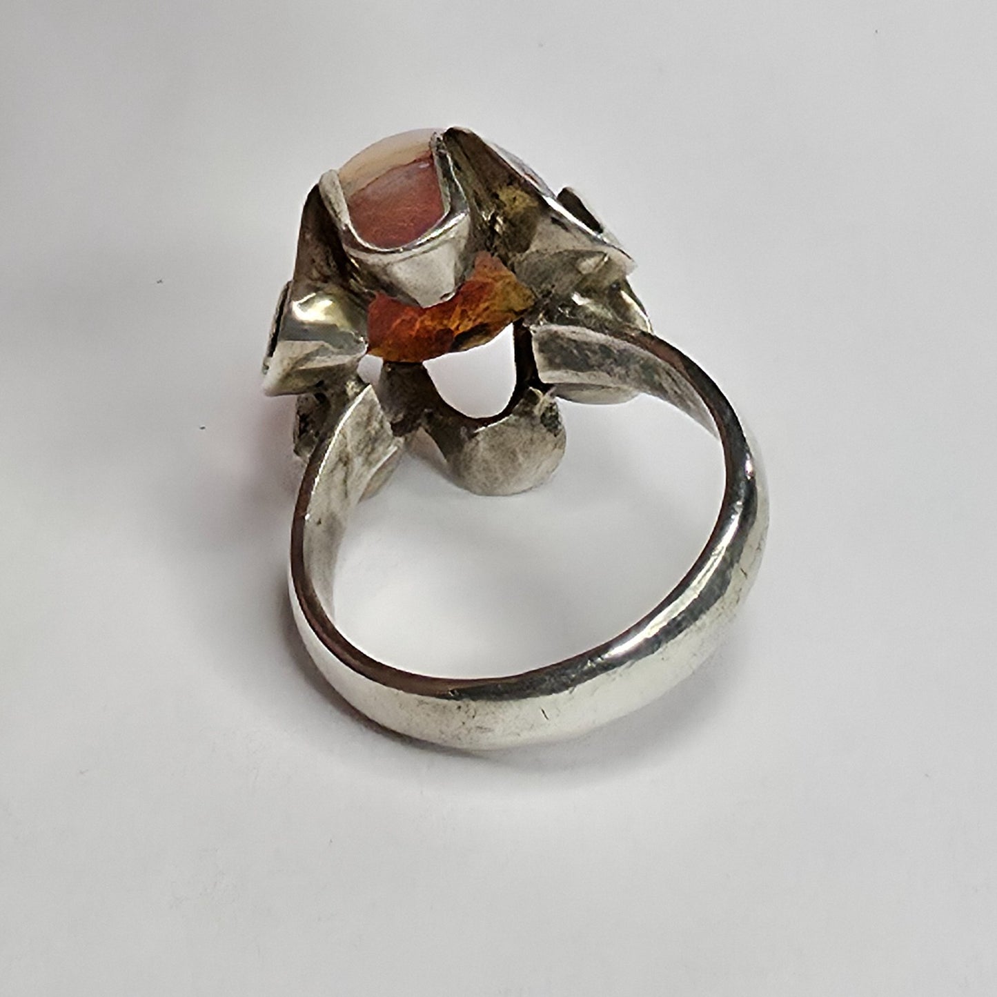Mexican Fire Opal 925 Sterling Silver Belcher Ring Sz 7.25 Vintage Boho Jewelry