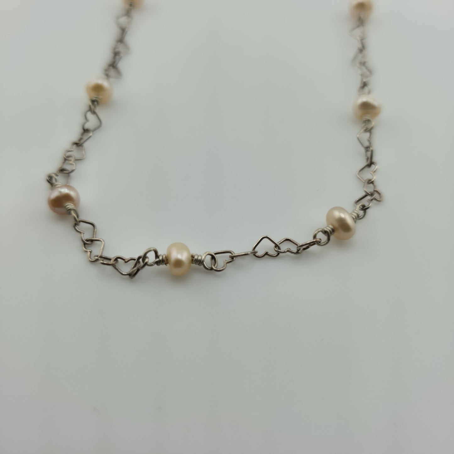925 Sterling Silver Heart Links ❤️ Pearls Necklace Jewelry 16 Inches
