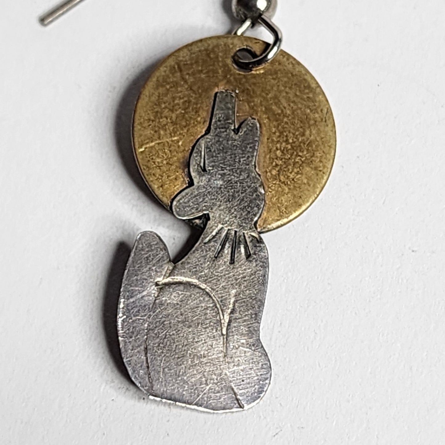 925 Sterling SIlver Dangle Drop Howling Wolf Brass Moon Pierced Earrings Vintage