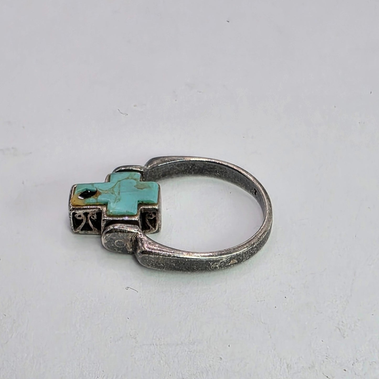 925 Sterling Spinner Ring Turquoise Cross Double Sided Articulated Vintage PD  7