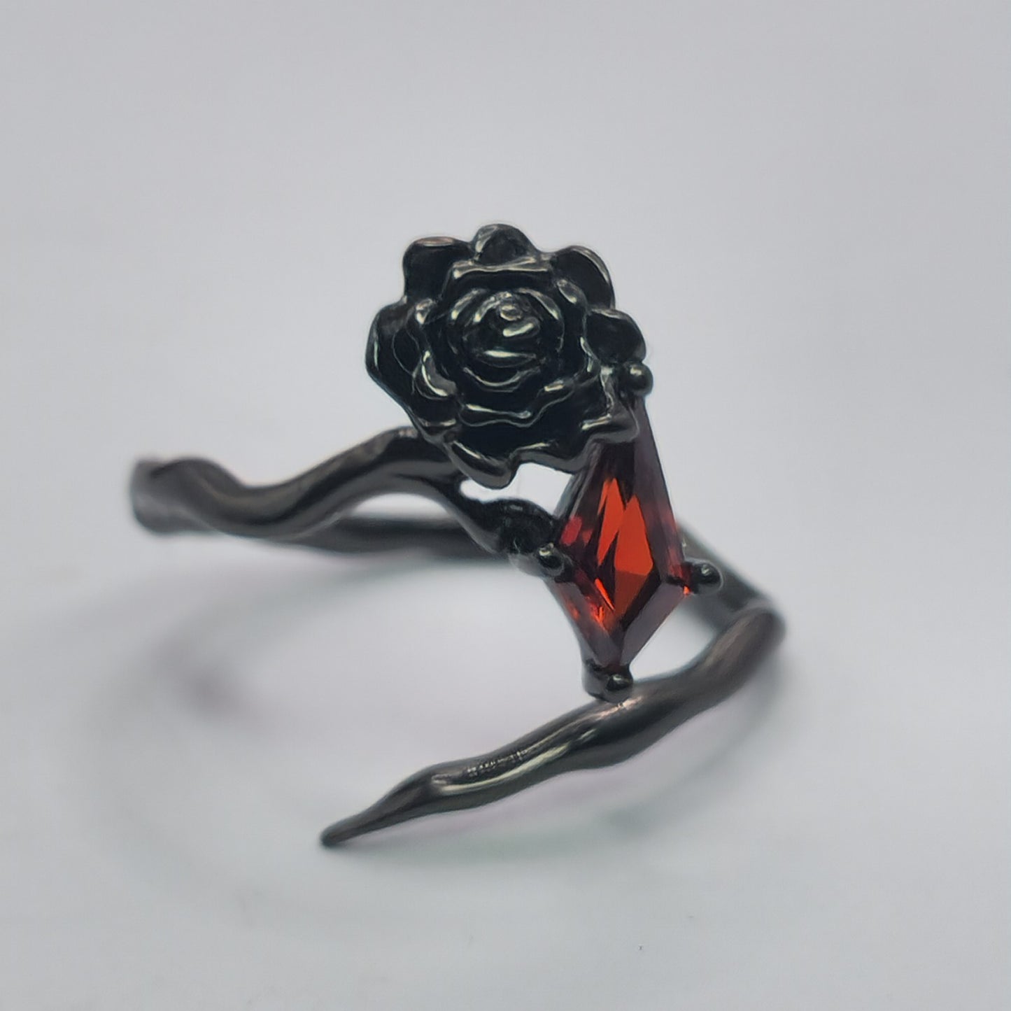 925 Sterling Silver Gothic Ring Black Rose Blood Red Zircon Emo Witch Adjustable
