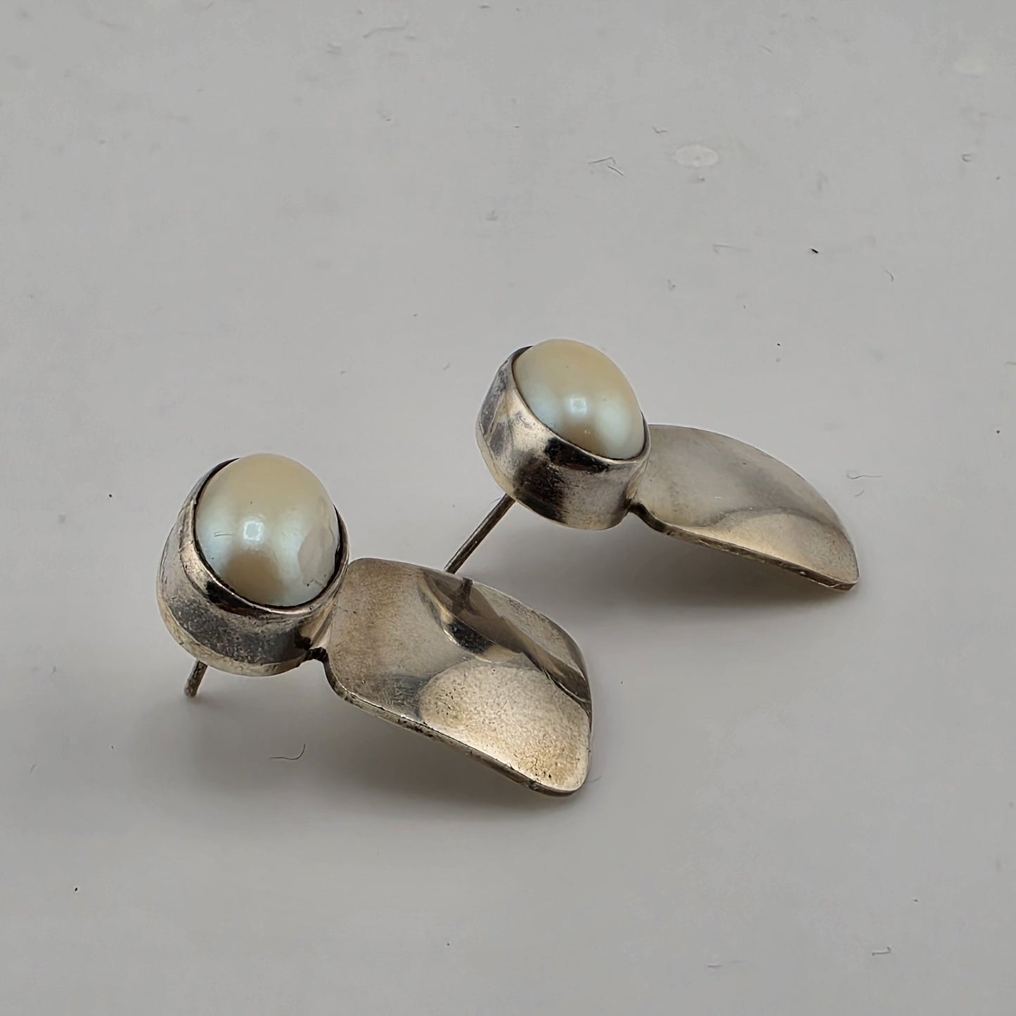 STERLING SILVER EARRINGS FAUX PEARLS Abstract Native Heavy - 1 1/8"
