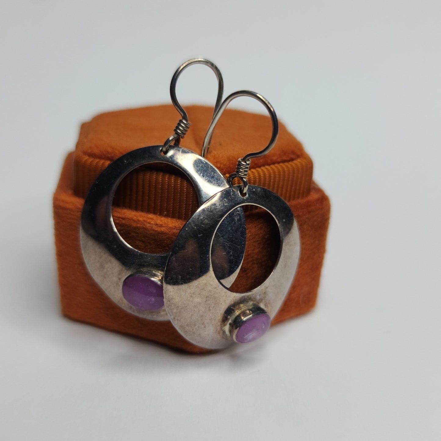 925 Sterling Silver Earrings Dangle Purple Stone Modernist Circle Signed NF VTG