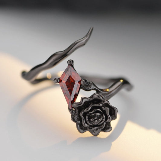 925 Sterling Silver Gothic Ring Black Rose Blood Red Zircon Emo Witch Adjustable