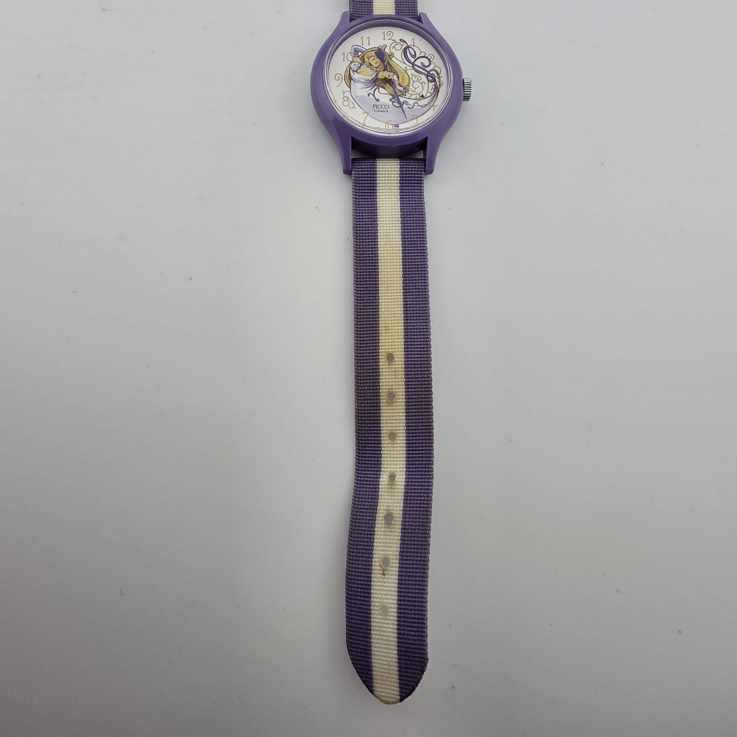 Picco Ms Piggy Watch Women Purple White Round Nylon Band Manual Wind Vintage