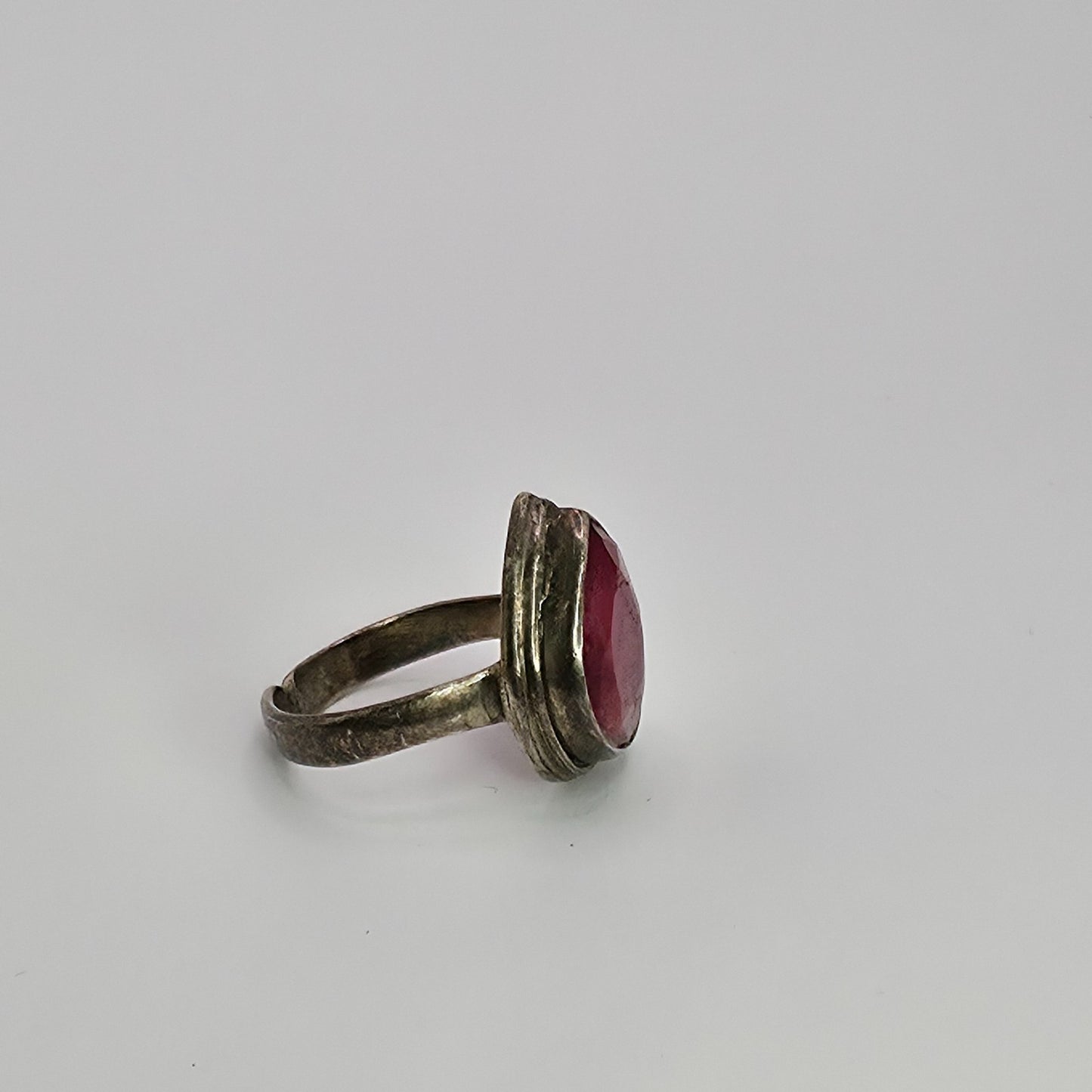 925 Sterling Silver Teardrop Ruby Ring Adjustable Band Boho Red Faceted Artisan