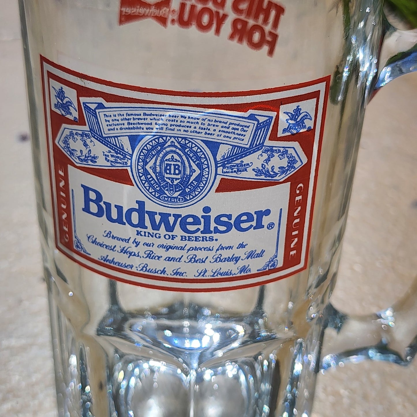 Budweiser “This Bud’s For You” Heavy Glass Beer Mug – Vintage 8" Tall
