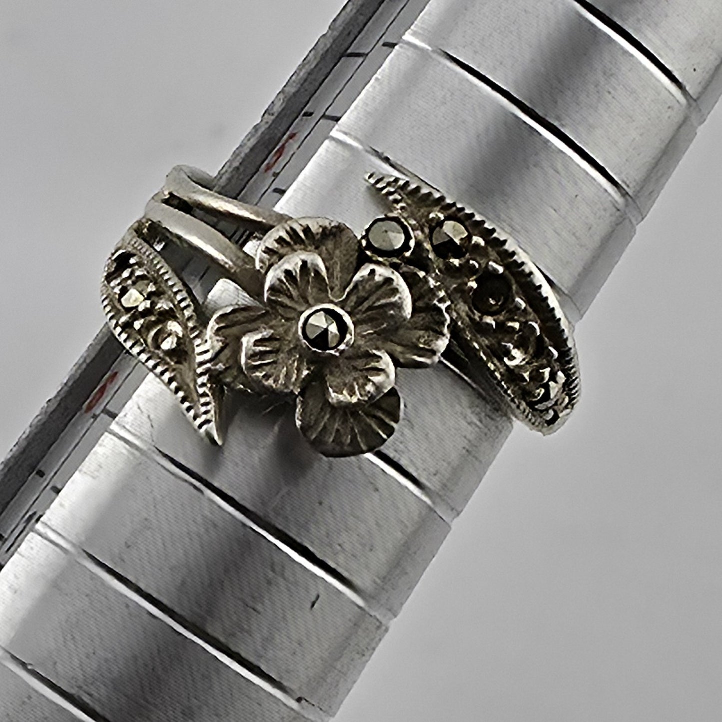 Sterling Silver Marcasite Flower Ring Size 5.5 Dainty Feminine Missing Stones