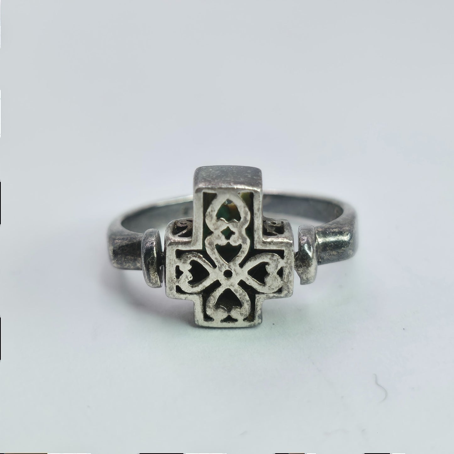 925 Sterling Spinner Ring Turquoise Cross Double Sided Articulated Vintage PD  7