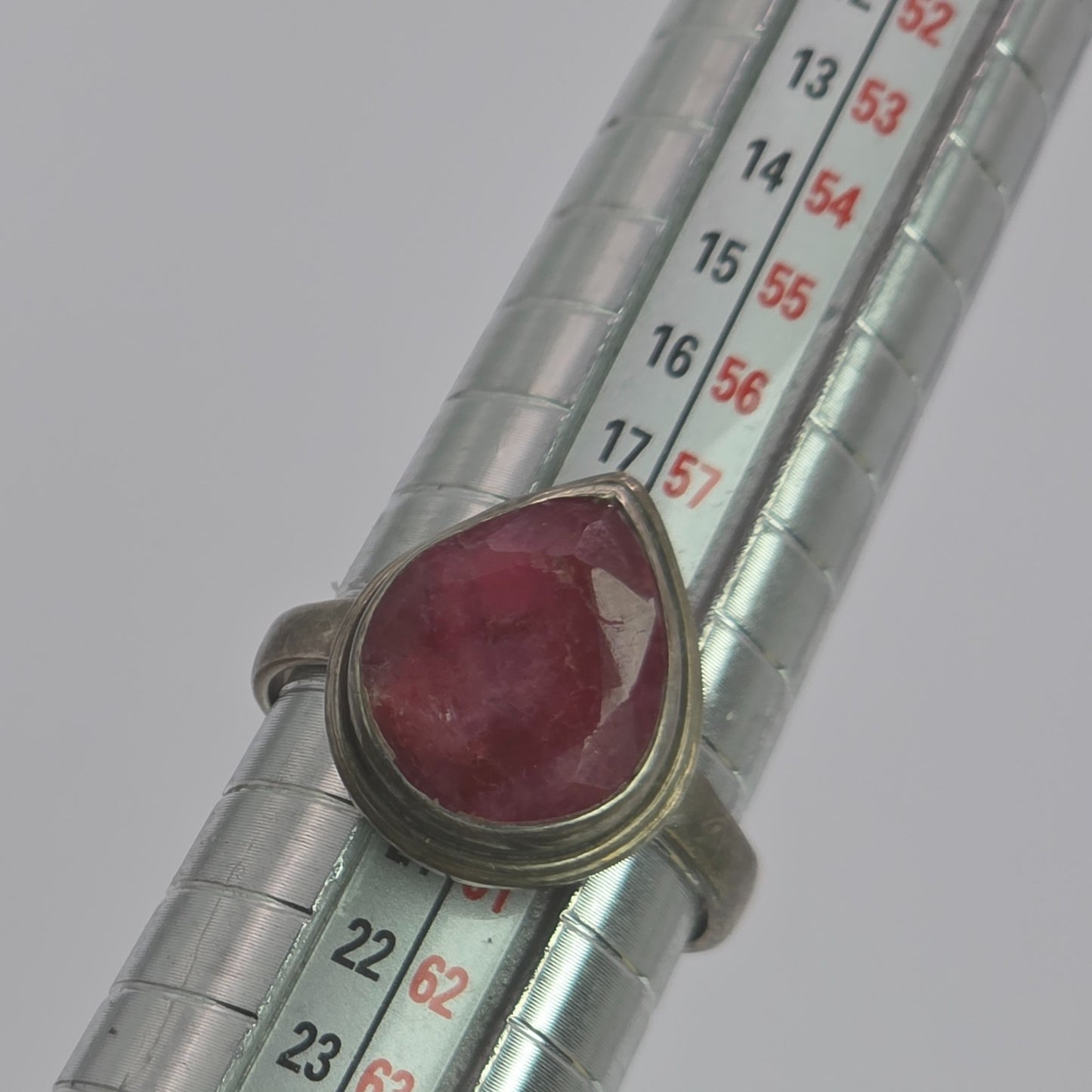 925 Sterling Silver Teardrop Ruby Ring Adjustable Band Boho Red Faceted Artisan