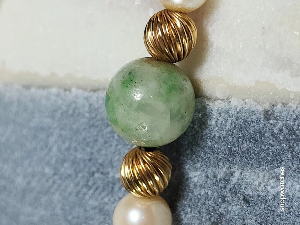 Pearl Jade Gold Beaded Necklace 30" 12K GF Beads 10K Gold Clasp Vintage