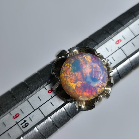 Mexican Fire Opal 925 Sterling Silver Belcher Ring Sz 7.25 Vintage Boho Jewelry