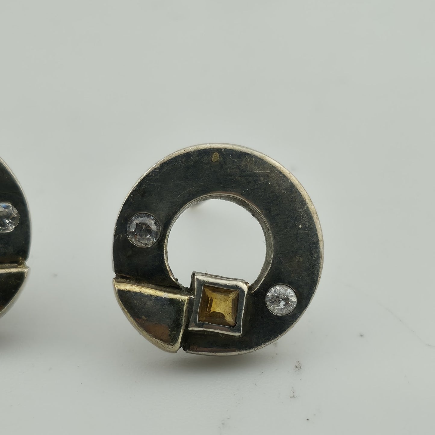 Sterling Silver Earrings NL 925 Modernist Circle Design Yellow White Stones VTG