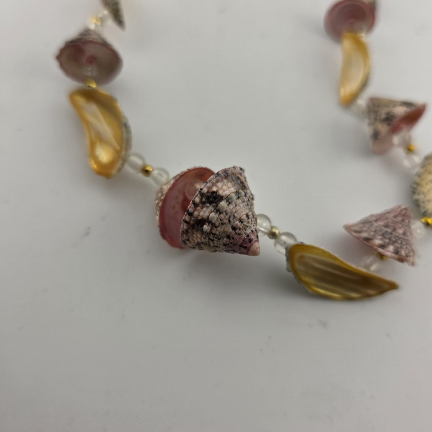 Sea Shell Bead Necklace Pink Green Gold Boho Tribal Ethnic Vintage 16 Inches