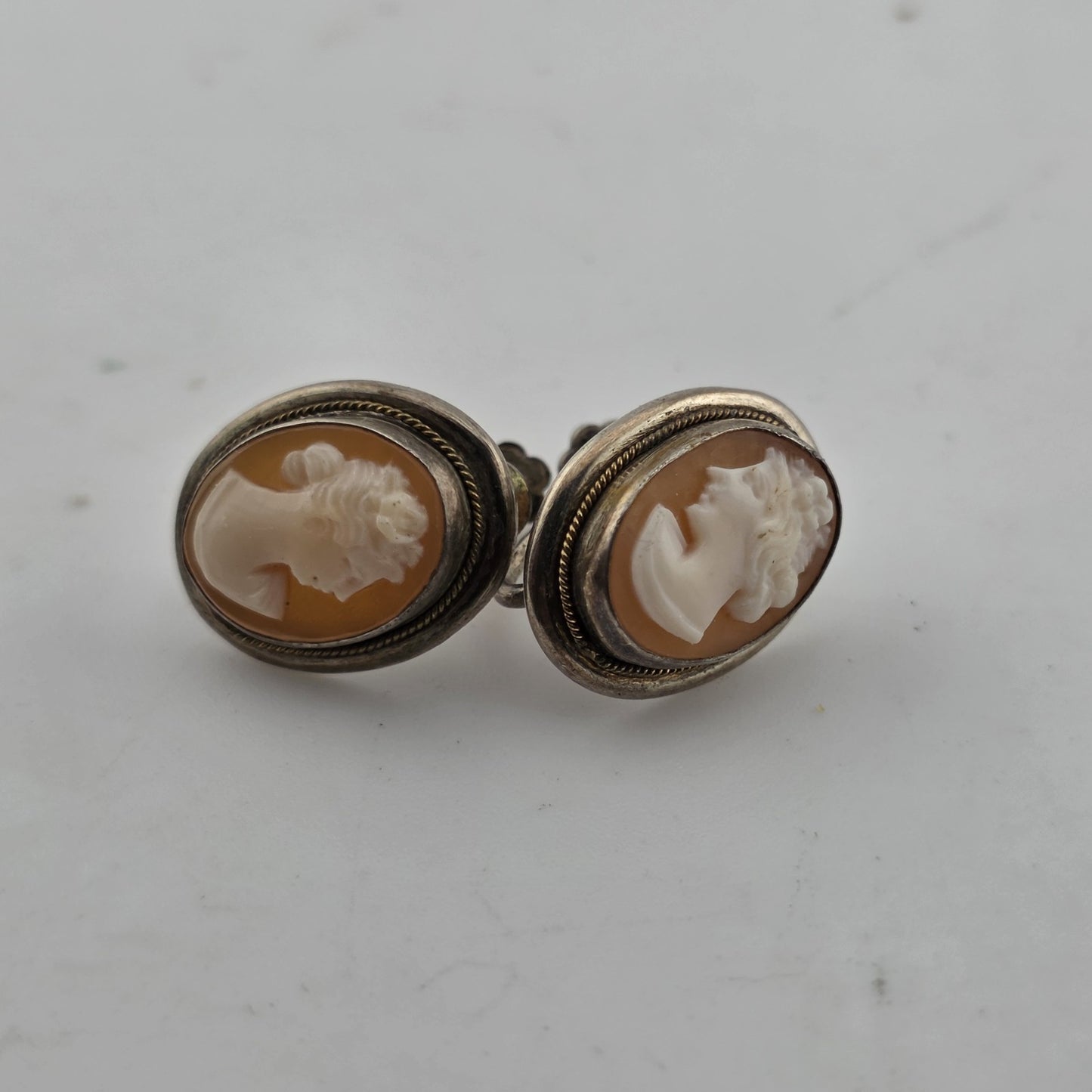 800 Silver  Antique Cameo Screw Back Earrings Vintage European Jewelry