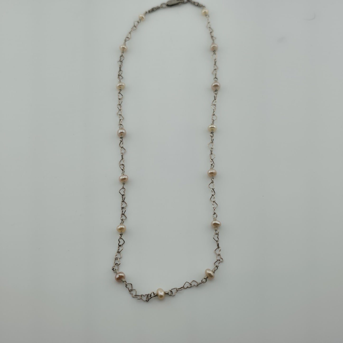 925 Sterling Silver Heart Links ❤️ Pearls Necklace Jewelry 16 Inches